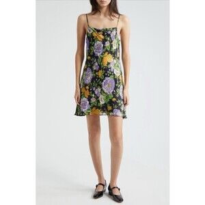 Farm Rio Capri Floral Sleeveless Mini Slipdress Square Neck Black Sz Large $160